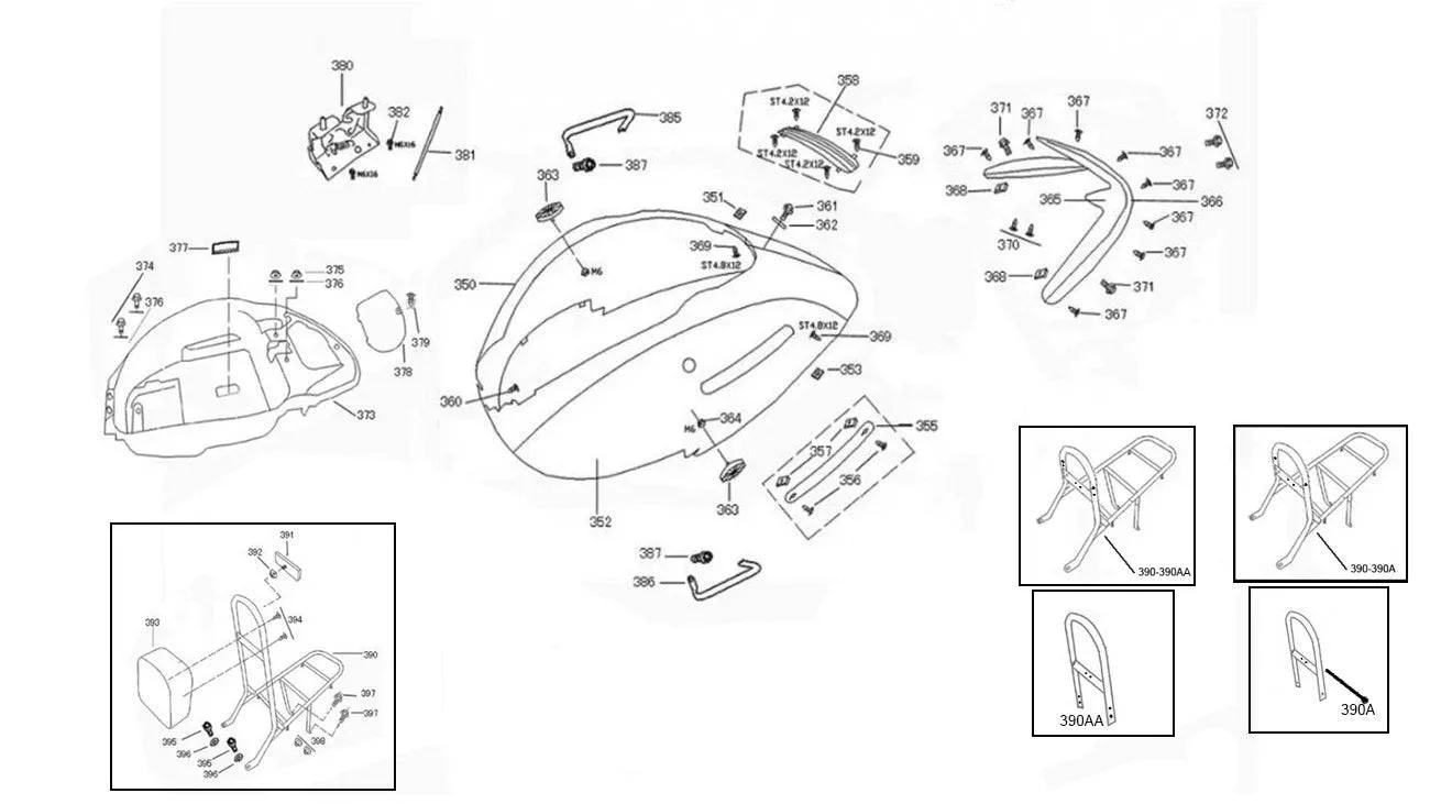 [390-390AA] SUPPORT ARRIÈRE (2 PARTIES POUR BOÎTE ARRIÈRE 2 TROUS) (SCOOTTERRE OEM)